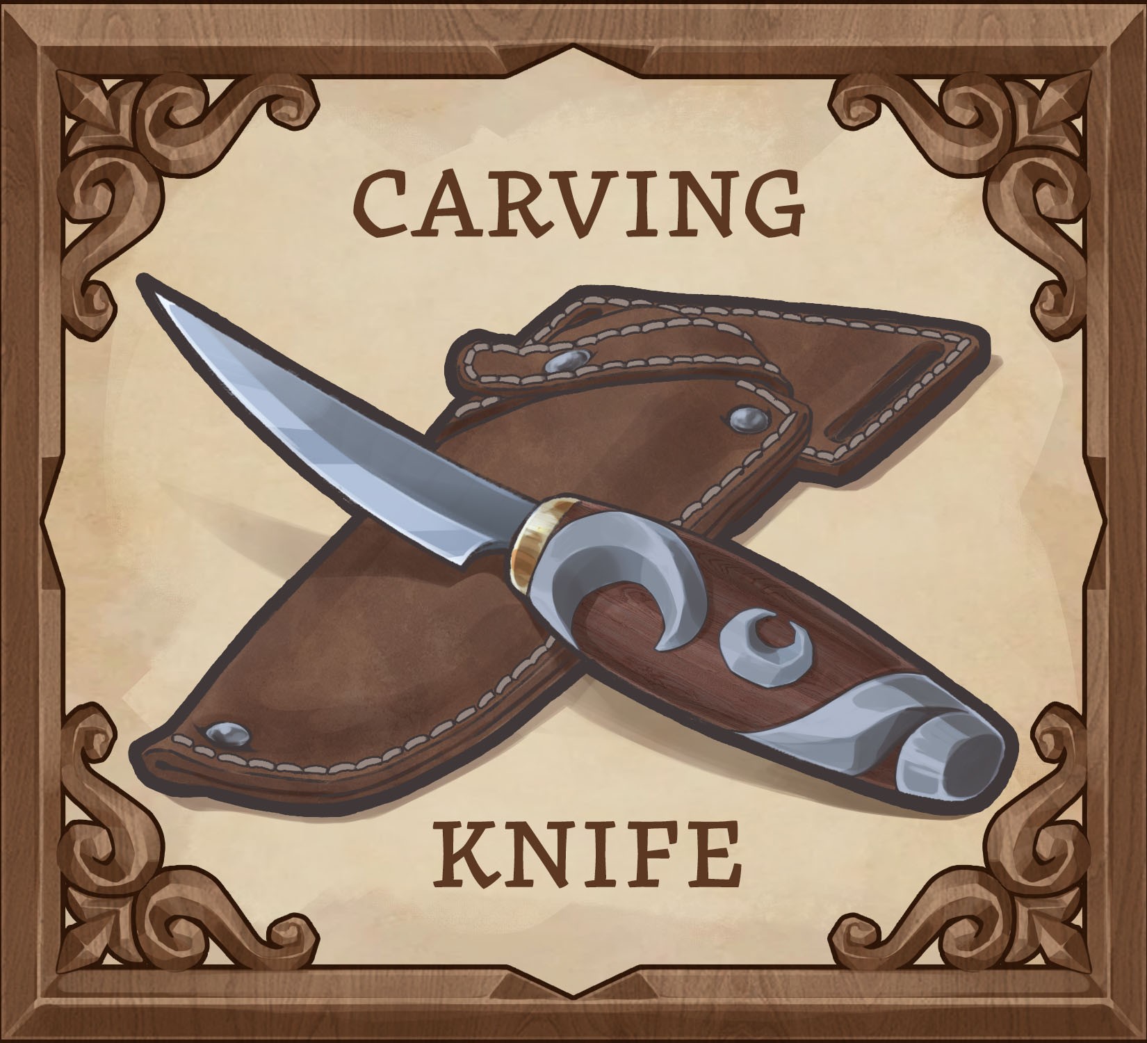 An illustration of a carving knife with a silver blade, brown hilt with silver moon details, and a leather scabbard.